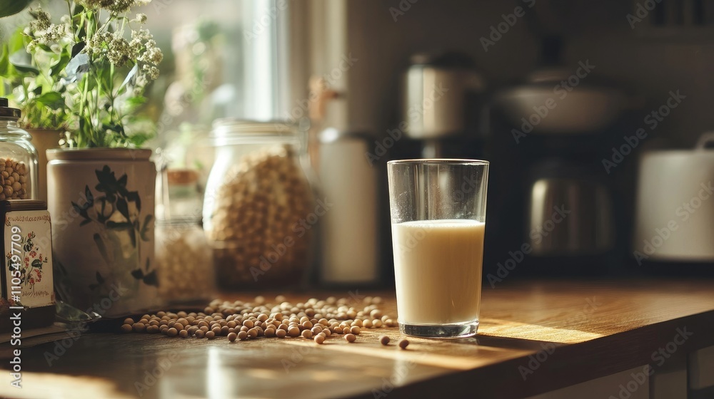 Cozy and rustic kitchen view with a glass of soy milk and soybeans under warm natural daylight Cozy and rustic kitchen view with a glass of soy milk and soybeans under warm natural daylight