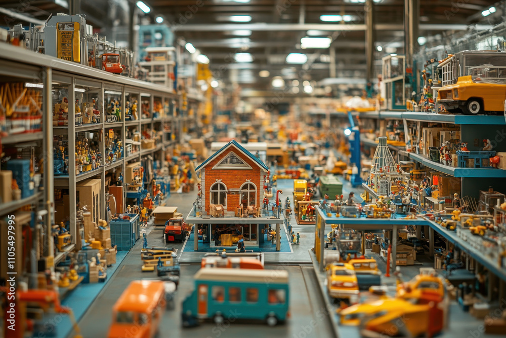 Toy factory, A vibrant display of miniature toys and models, showcasing intricate details in a vast collection of colorful vehicles and buildings. Toy factory, A vibrant display of miniature toys and models, showcasing intricate details in a vast collection of colorful vehicles and buildings.