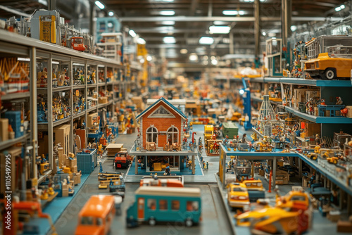 Toy factory, A vibrant display of miniature toys and models, showcasing intricate details in a vast collection of colorful vehicles and buildings.