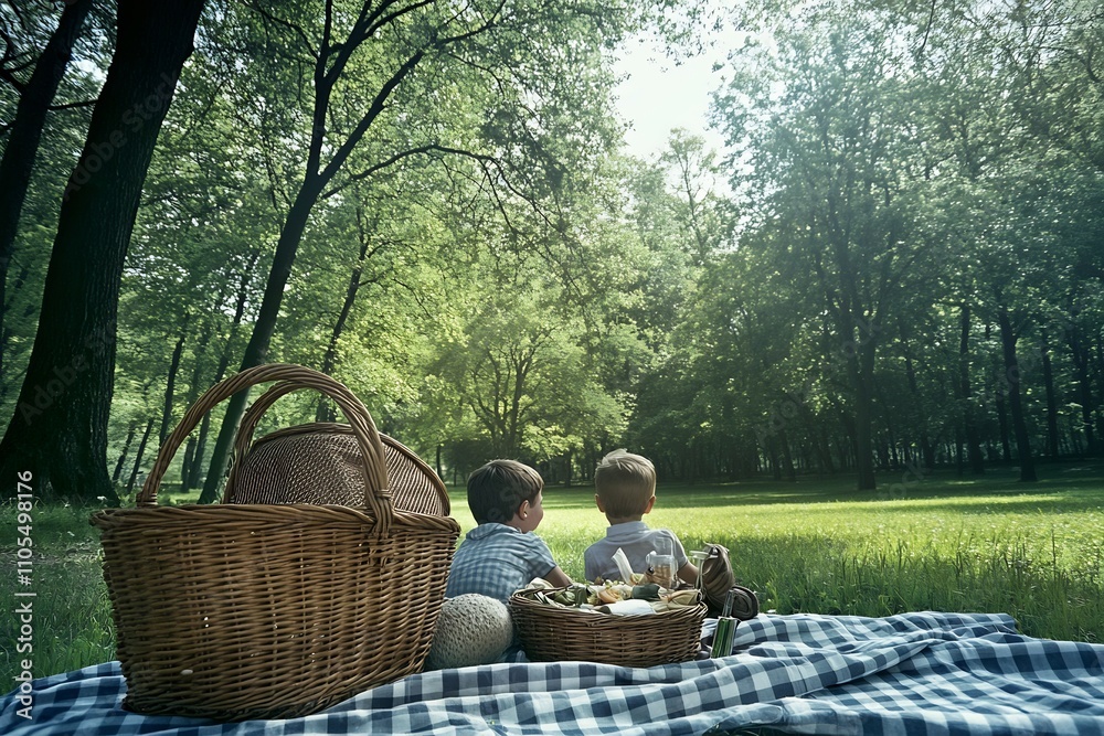 Idyllic Outdoor Picnic Scene with Wicker Basket and Fresh Foods on Checkered Blanket in Lush Idyllic Outdoor Picnic Scene with Wicker Basket and Fresh Foods on Checkered Blanket in Lush