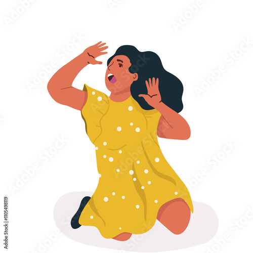 Portrait of scared, panicked woman with horror face and two hand gestures, isolated on background. Character girl frightening, terrified, panic, shocked facial expression vector illustration