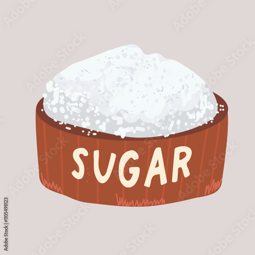 Pile of sugar in brown cup. Vector illustration of plate with white refined sugar. Glucose is crystalline. Hand drawn vector.