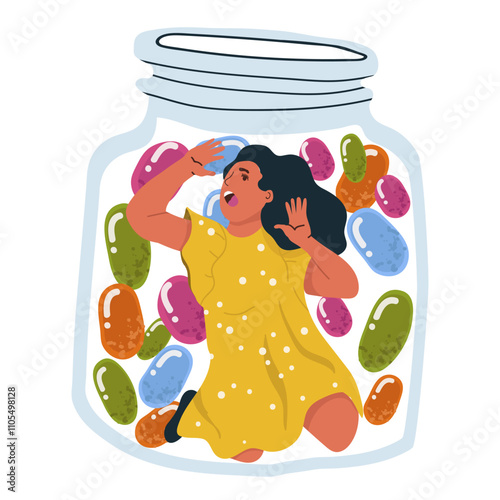 The character of a girl in a panic who can't get out of a glass jar full of sweets, candy. A metaphor about addiction to sweets. Trap. Hand drawing vector.