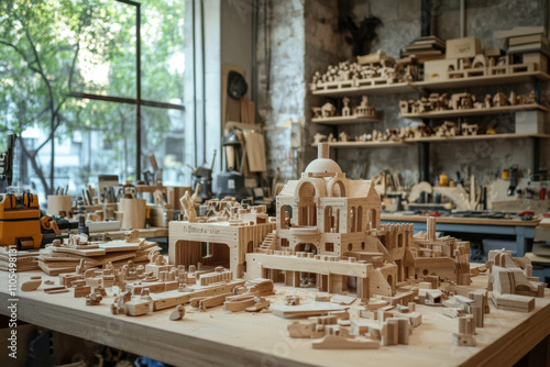 Toy factory, A workshop filled with intricately crafted wooden models of buildings, showcasing detailed architectural designs and a creative, inspiring atmosphere. photo