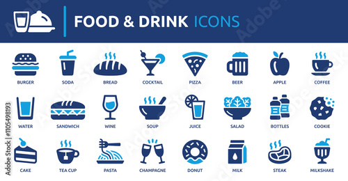 Food and drink icon set. Containing burger, soda, bread, cocktail, pizza, beer, apple, coffee, water and more. Solid vector icons collection.