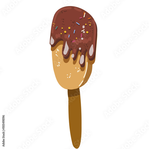 Ice cream on a stick. Vanilla ice cream, crème brûlée, plombier, watered with chocolate. Vector illustration drawn by hand.