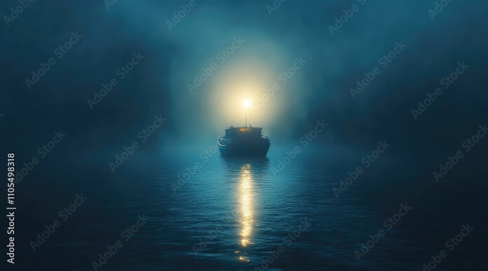 Mysterious ship emerges from dense fog, illuminated by eerie blue lights. Calm waters, atmospheric scene. Intrigue and adventure. Exploration, maritime stories. Mystery supernatural lost fishing boat. Mysterious ship emerges from dense fog, illuminated by eerie blue lights. Calm waters, atmospheric scene. Intrigue and adventure. Exploration, maritime stories. Mystery supernatural lost fishing boat.