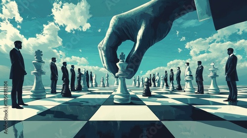 Creative scene: employees stand as chess pieces on a giant board, moved strategically by a colossal hand in a leadership concept.