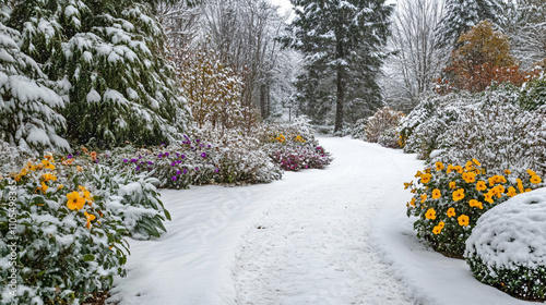 A snowy pathway winding through a winter garden, lined with evergreen trees and colorful winter flowers like pansies and primroses.