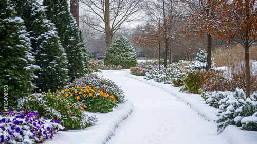 A snowy pathway winding through a winter garden, lined with evergreen trees and colorful winter flowers like pansies and primroses.