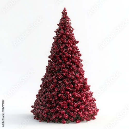 A Christmas tree made of red berries, standing upright on the ground against a white background