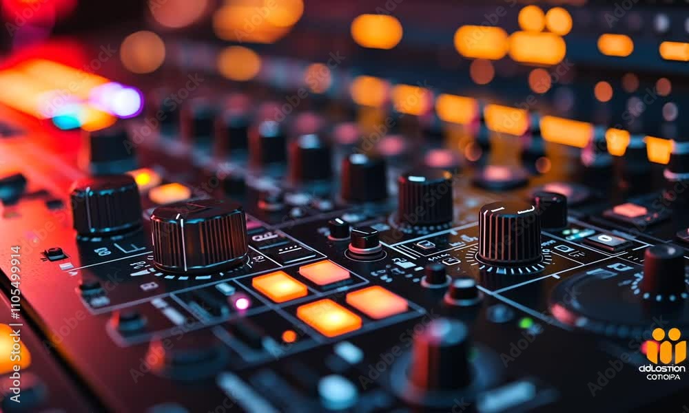 Close-up of a colorful audio mixer with illuminated controls.