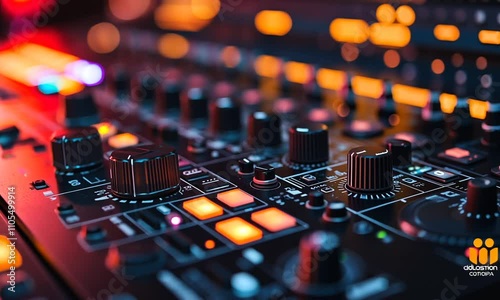 Close-up of a colorful audio mixer with illuminated controls.