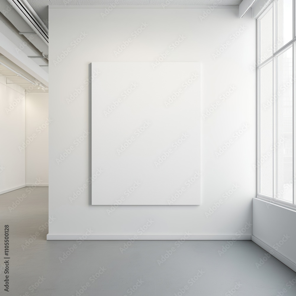 Empty white room features blank canvas poster mockup on white wall. Modern minimalist interior design. Ideal for art gallery interior empty room product mockup. Simple, clean setting. Suitable for