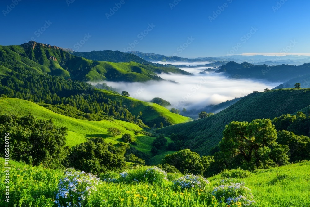 Rolling Green Hills with Morning Fog and Wildflowers Under Clear Blue Sky Rolling Green Hills with Morning Fog and Wildflowers Under Clear Blue Sky