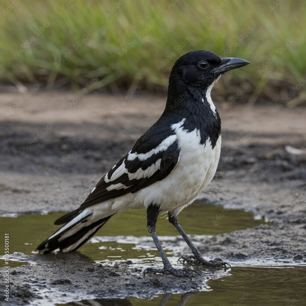 A black-and-white magpie lark standing elegantly by a waterhole.
A black-and-white magpie lark standing elegantly by a waterhole.