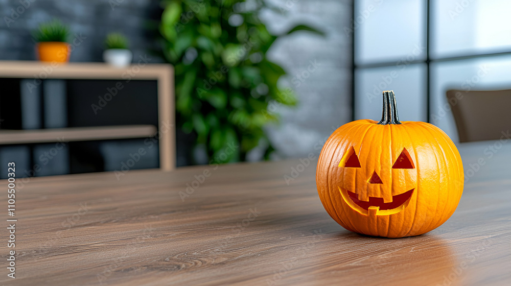 A carved pumpkin with a smiling face sits on a wooden table, surrounded by a cozy indoor setting, evoking Halloween vibes.