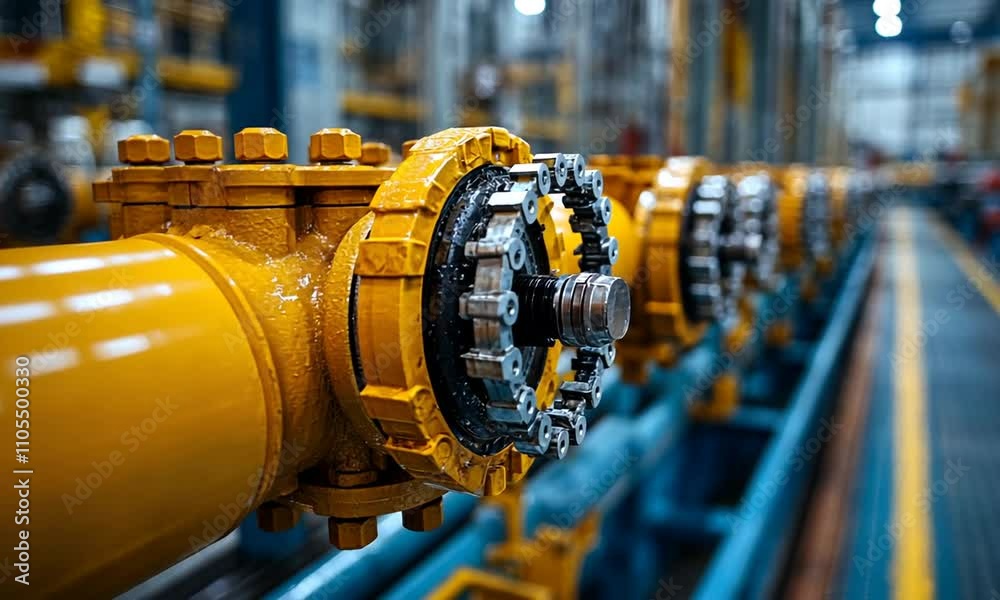 Industrial piping with valves in a manufacturing facility. Industrial piping with valves in a manufacturing facility.