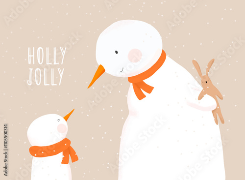 Christmas Card With 2 Snowmen on a Beige Background. Big Snowman Holding A Bunny Toy - A Surprise Gift For A Baby Snowman. Xmas Greeting Card. Cute Hand Drawn Mama or Father Snowman with Its Baby.
