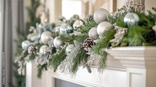 Green garland with shimmering silver accents, draped along a fireplace mantel