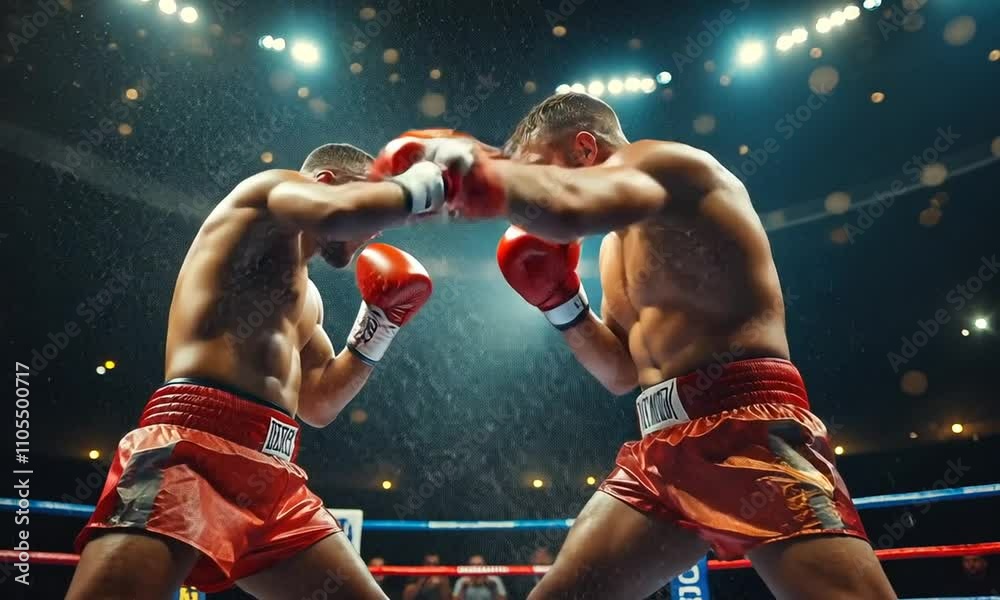 Two boxers in red gloves engage in an intense match.