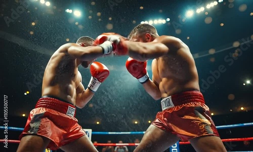 Two boxers in red gloves engage in an intense match.