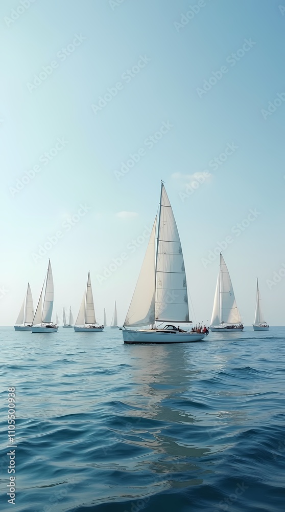 Obraz premium Several sailboats gently bob on the horizon, their white sails fluttering in the wind as they cut through the waves