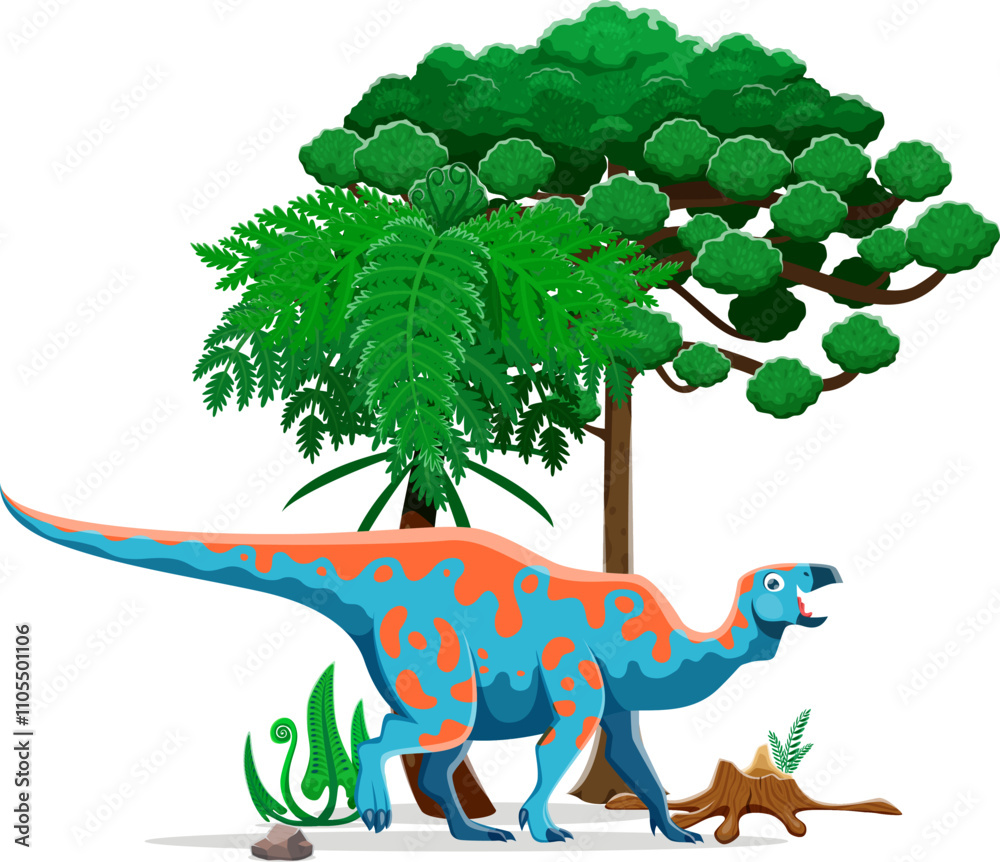 Naklejka premium Iguanodon prehistoric dinosaur character. Late Cretaceous Mesozoic era lizard. Isolated cartoon vector ancient herbivore dino reptile animal in natural environment with trees, rocks and green plants