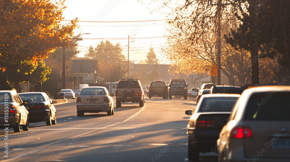 A suburban school zone slowing traffic during morning drop-off hours. A suburban school zone slowing traffic during morning drop-off hours.