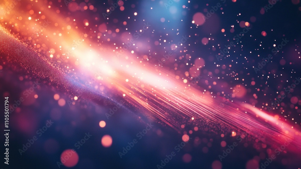 A vibrant abstract background with colorful light trails and sparkling particles.