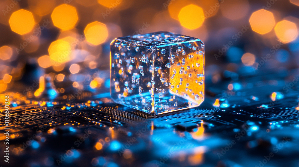 Creative depiction of an ice cube on a circuit board with vibrant lighting effects Creative depiction of an ice cube on a circuit board with vibrant lighting effects