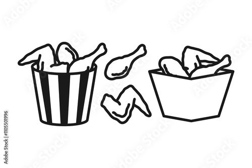 mini set line icon fried chicken with crispy flour bucket