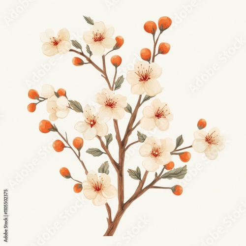 Cherry blossom branch in full bloom with orange buds on a white background, showcasing delicate floral beauty and spring elegance