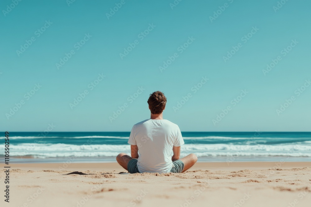 A person sits in a meditative pose on the sand, facing the ocean and capturing a serene moment of reflection and tranquility in a natural beach landscape. A person sits in a meditative pose on the sand, facing the ocean and capturing a serene moment of reflection and tranquility in a natural beach landscape.