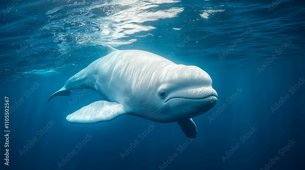 Fototapeta premium A White Beluga Whale Swims Underwater