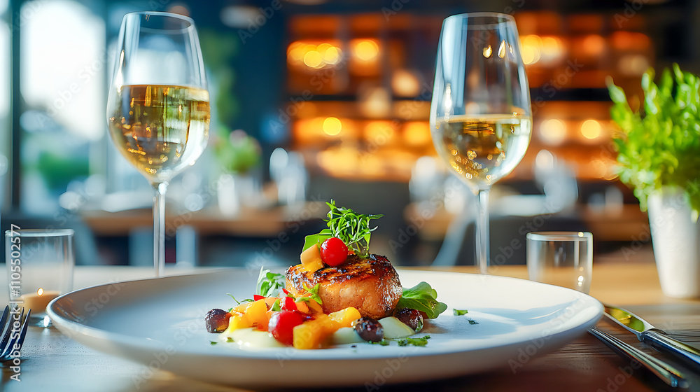Luxury travel concept featuring fine dining in an exclusive fancy restaurant with exquisite cuisine and great service Luxury travel concept featuring fine dining in an exclusive fancy restaurant with exquisite cuisine and great service
