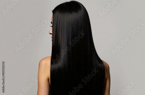 A woman with long, straight black hair is shown from the back, highlighting the sleek hairstyle and smooth texture