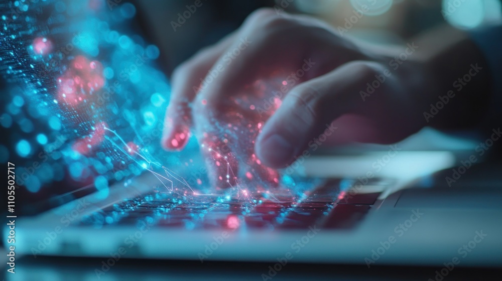 A hand interacting with a laptop, surrounded by glowing digital particles. A hand interacting with a laptop, surrounded by glowing digital particles.