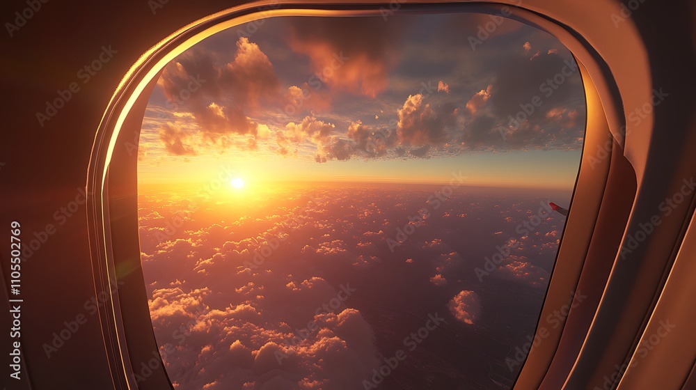 Fototapeta premium Airplane Window Sunset View Above Cloudscape