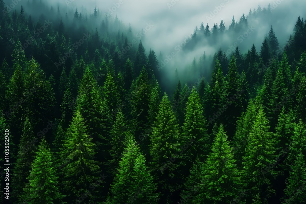 Misty Pine Forest with Dense Green Foliage and Rolling Fog