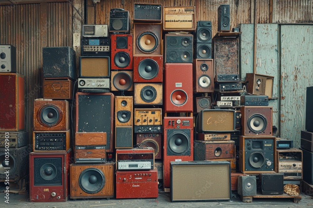 Obraz premium Vintage speakers and audio equipment stacked in rustic warehouse