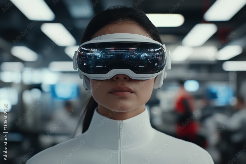 This image displays a person wearing a futuristic virtual reality headset, standing in a high-tech environment, symbolizing innovation and digital exploration. This image displays a person wearing a futuristic virtual reality headset, standing in a high-tech environment, symbolizing innovation and digital exploration.
