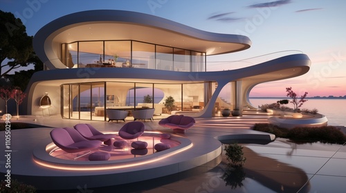 A luxurious modern villa with curved, round shapes and a spacious terrace offering spectacular sunset views by the sea. photo