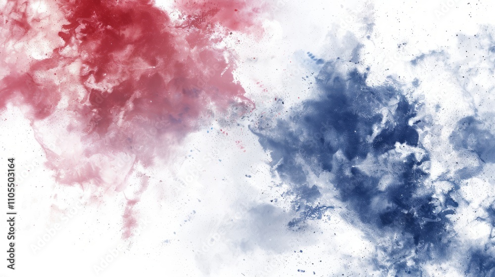 Obraz premium Labor Day red and blue dust explosions on a white background. The colors of the American flag are splashed on a white background and patriotic abstract designs for Independence Day and Memorial Day