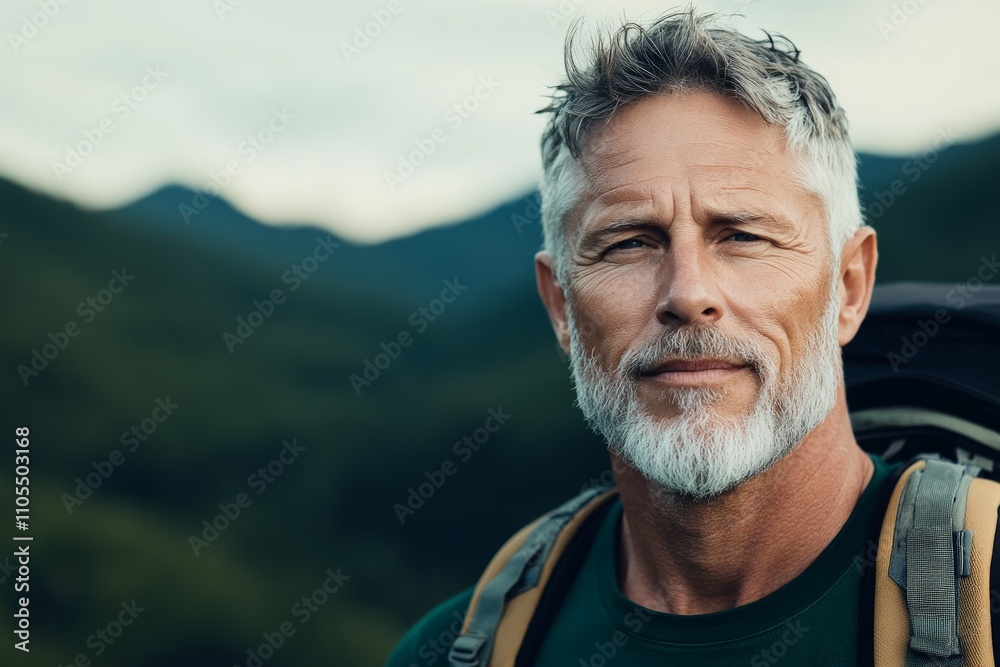A mature man with gray hair and beard is seen wearing a backpack, standing against a serene mountain backdrop, showcasing an adventurous lifestyle. A mature man with gray hair and beard is seen wearing a backpack, standing against a serene mountain backdrop, showcasing an adventurous lifestyle.