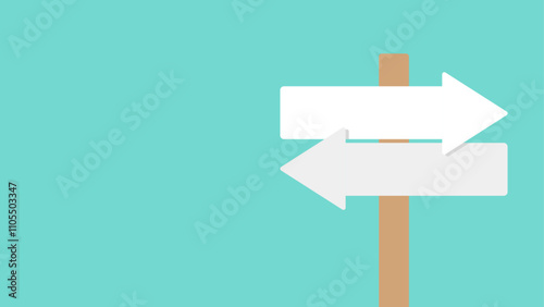 Wooden post with white blank arrows pointing left and right against a turquoise background, representing opposite directions