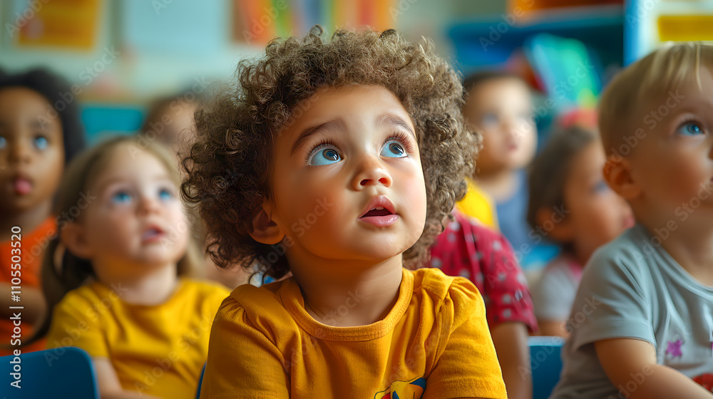 Mixed Race Group Of Toddlers Sitting In Classroom And Looking In Awe At Their Teacher. Mixed Race Group Of Toddlers Sitting In Classroom And Looking In Awe At Their Teacher.