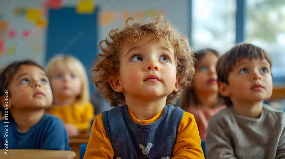 Mixed Race Group Of Toddlers Sitting In Classroom And Looking In Awe At Their Teacher. Mixed Race Group Of Toddlers Sitting In Classroom And Looking In Awe At Their Teacher.