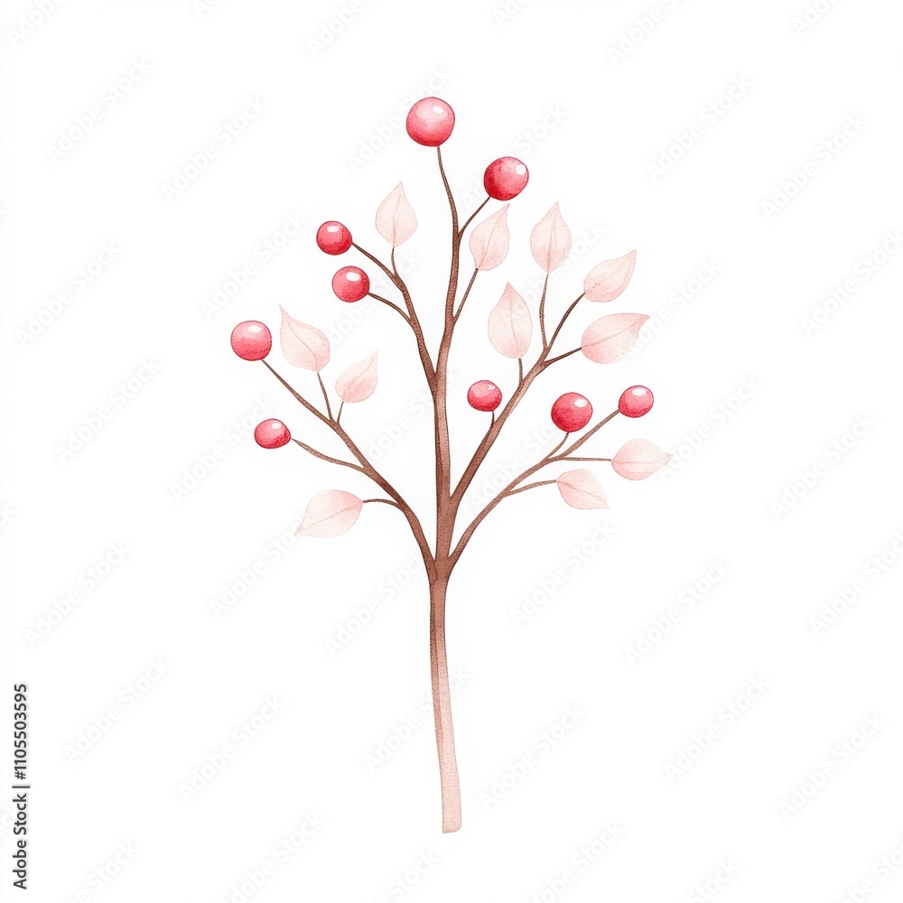 Illustration of a snow-covered branch featuring delicate red berries against a minimalist white background during winter Illustration of a snow-covered branch featuring delicate red berries against a minimalist white background during winter