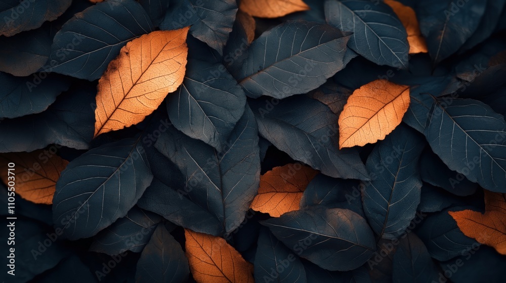 Close-up of a pattern of dark blue and vibrant orange autumn leaves creating a contrasting and textured background design